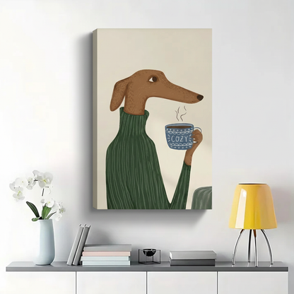 Greyhound in Green Sweater with Cozy Mug Wall Art - Cute Dog Canvas Print|W1368
