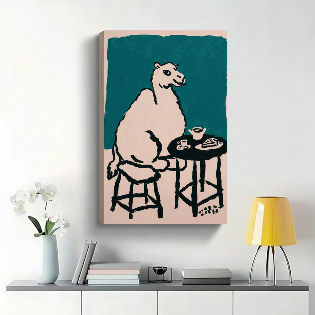 Camel at Coffee Shop Wall Art - Funny Minimalist Line Art Canvas Print|W1448