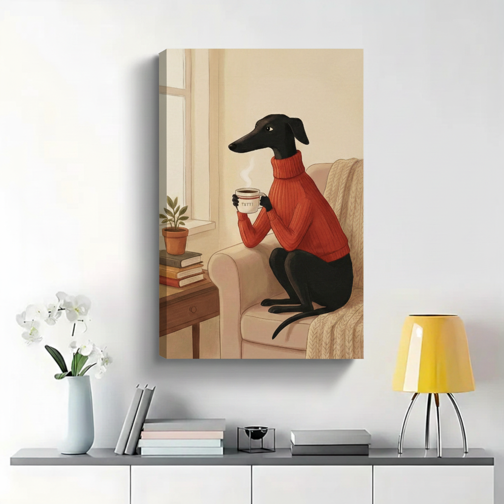 Greyhound in Red Sweater with Coffee by Window Wall Art - Cozy Illustrated Canvas Print|W1414