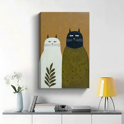 White and Black Cat Duo Wall Art - Modern Folk Art Canvas Print|W1391