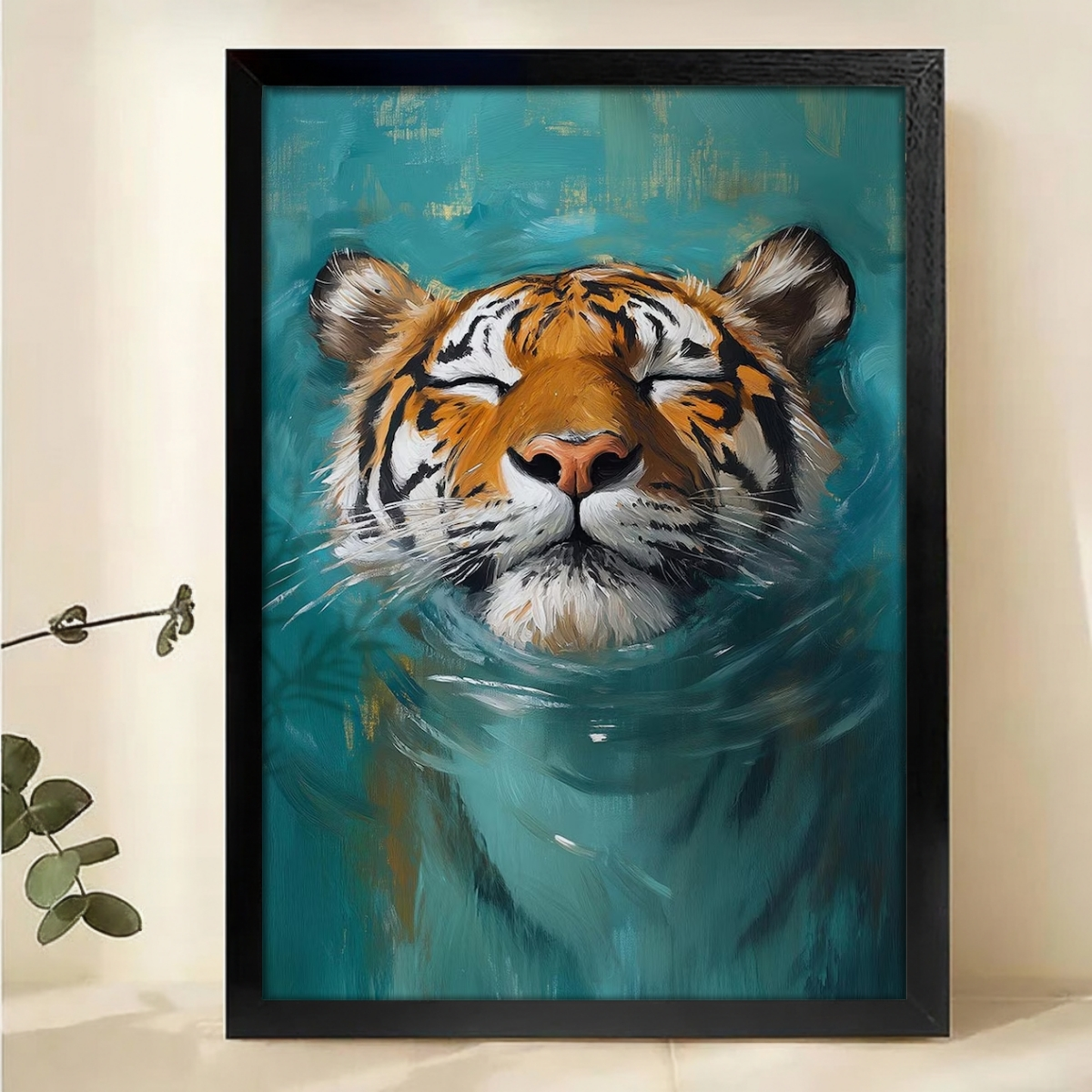 Swimming Tiger Canvas Wall Art - Turquoise Water Animal Print|W1160