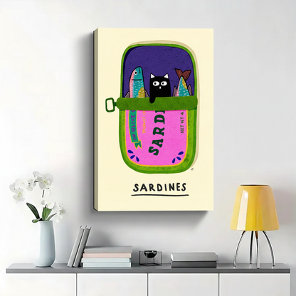 Black Cat in Sardine Can Wall Art - Colorful Funny Illustrated Canvas Print|W1383