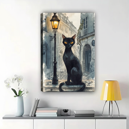Black Cat on Paris Street at Night Wall Art - Watercolor Canvas Print|W1359
