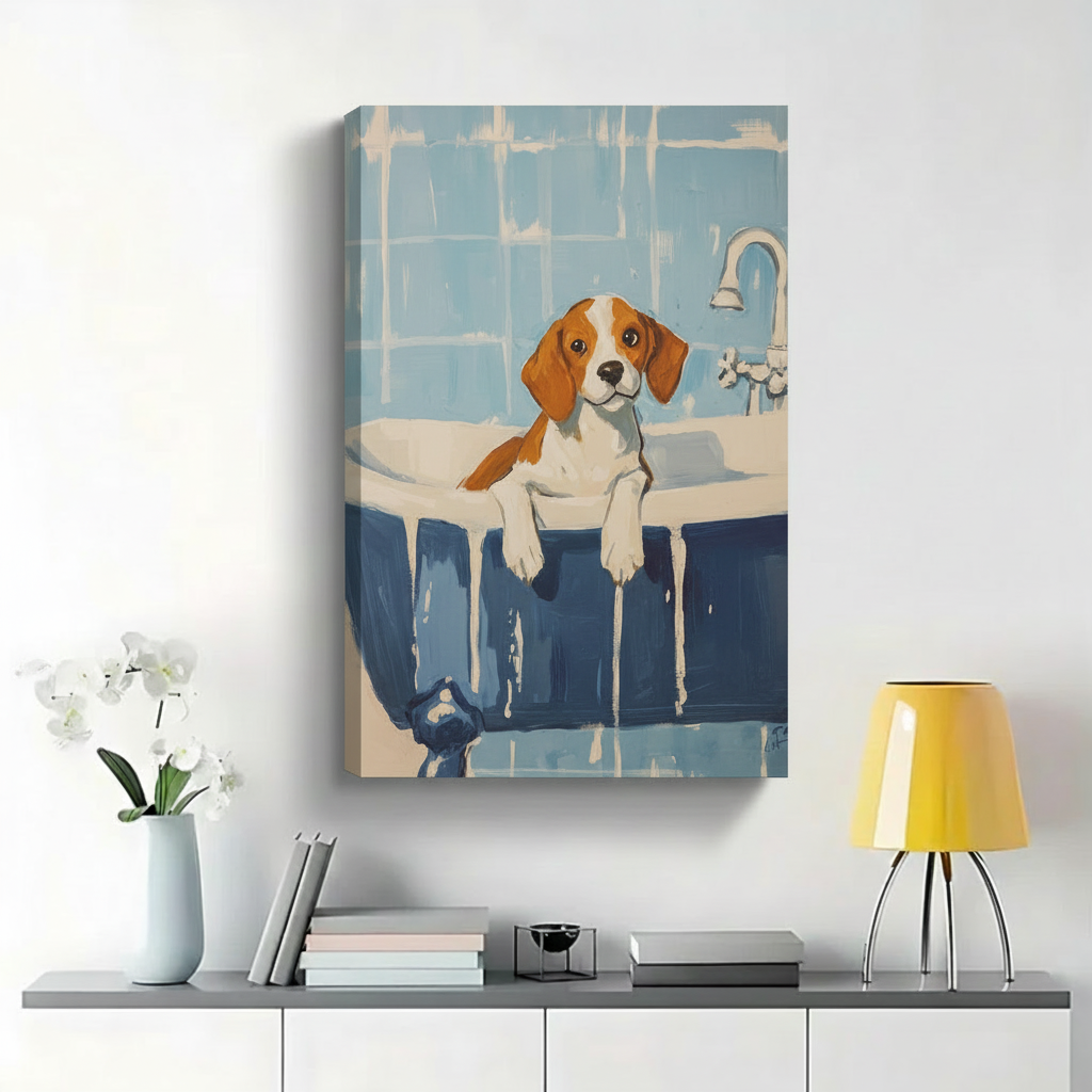 Beagle in Bathtub Wall Art - Cute Dog Bath Time Illustrated Canvas Print|W1430
