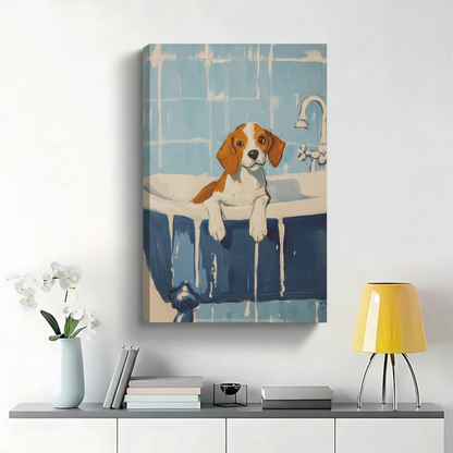 Beagle in Bathtub Wall Art - Cute Dog Bath Time Illustrated Canvas Print|W1430
