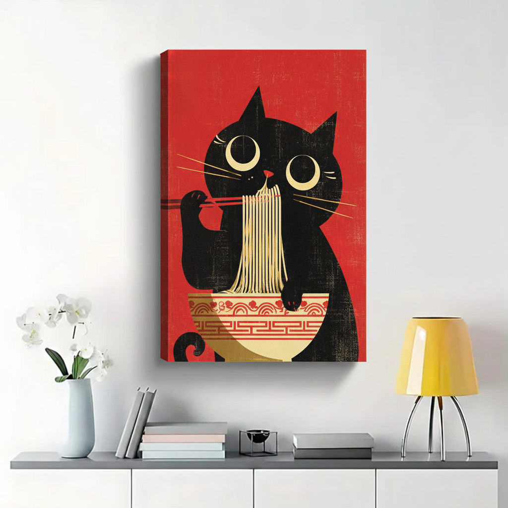 Black Cat Eating Ramen Wall Art - Retro Japanese Poster Canvas Print|W1389