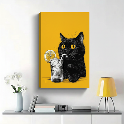 Black Cat Drinking Lemonade Wall Art - Funny Yellow Canvas Print|W1374