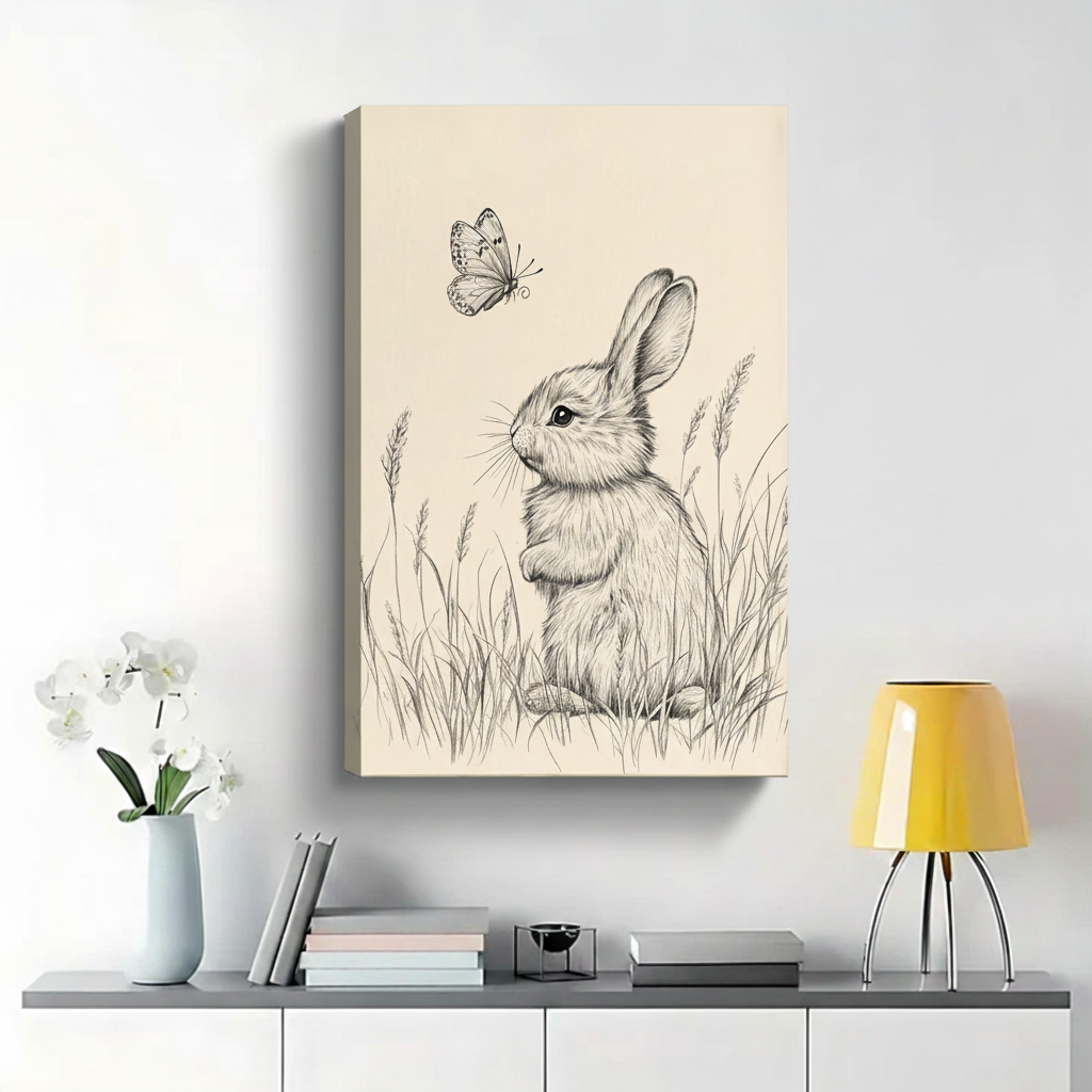 Bunny Watching Butterfly in Meadow Wall Art - Pencil Sketch Canvas Print|W1396