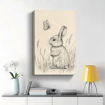 Bunny Watching Butterfly in Meadow Wall Art - Pencil Sketch Canvas Print|W1396