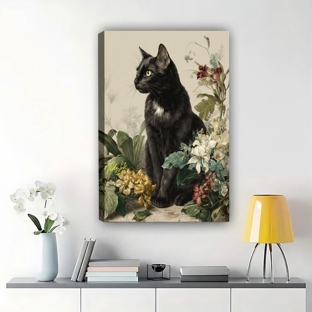 Black Cat Among Botanical Flowers Wall Art - Vintage Floral Canvas Print|W1369
