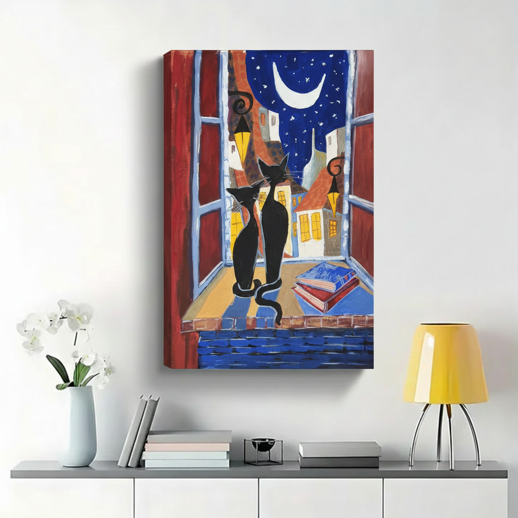 Two Black Cats on Moonlit Window Sill Wall Art - Romantic Colorful Oil Painting Canvas Print|W1444