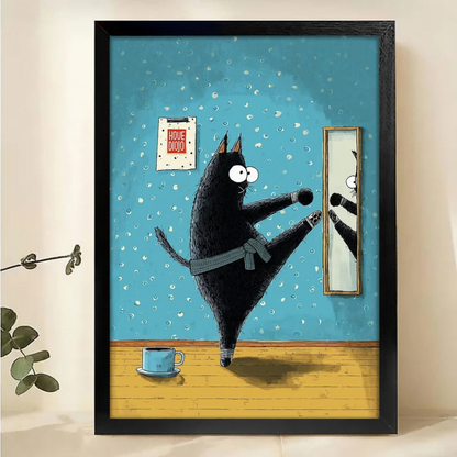 Karate Cat with Googly Eyes - Funny Black Cat Canvas Wall Art|W1173