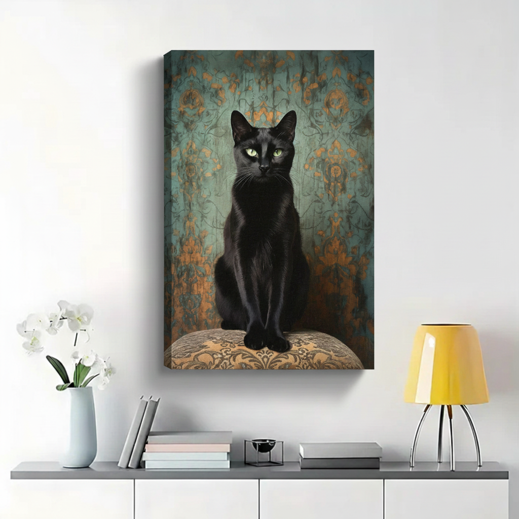 Regal Black Cat Portrait Wall Art - Vintage Damask Background Canvas Print|W1376