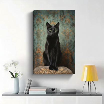 Regal Black Cat Portrait Wall Art - Vintage Damask Background Canvas Print|W1376