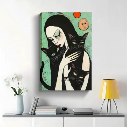 Gothic Witch with Three Black Cats Wall Art - Expressionist Canvas Print|W1416