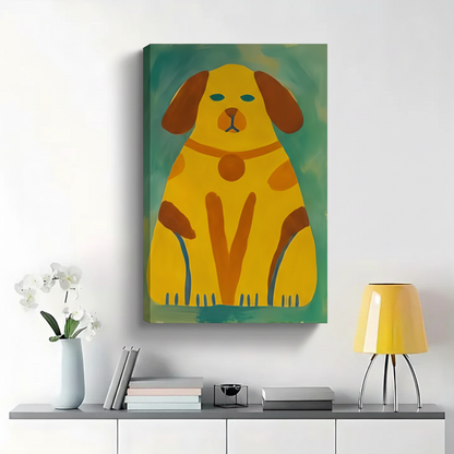 Abstract Yellow Dog on Teal Wall Art - Modern Folk Art Canvas Print|W1384