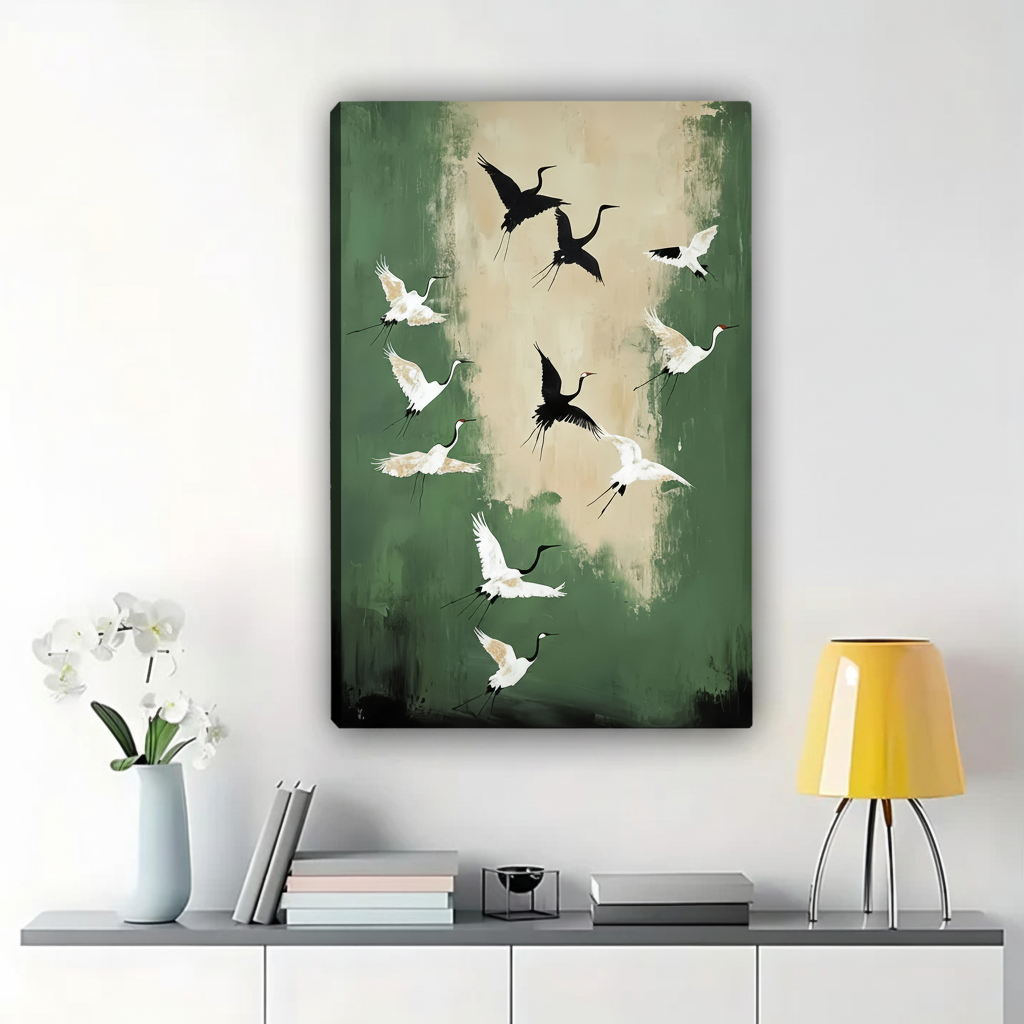 Flying Cranes on Green Wall Art - Elegant Bird Canvas Print|W1364