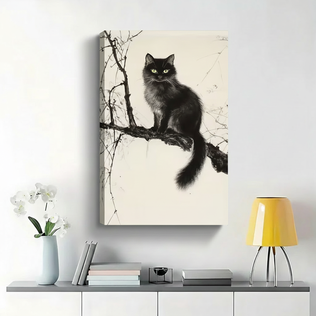 Fluffy Black Cat on Bare Branch Wall Art - Dark Moody Ink Drawing Canvas Print|W1451