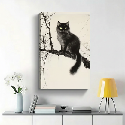 Fluffy Black Cat on Bare Branch Wall Art - Dark Moody Ink Drawing Canvas Print|W1451