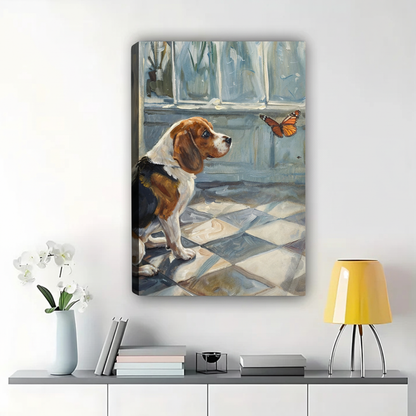 Beagle Watching Butterfly Wall Art - Classic Oil Painting Canvas Print|W1357
