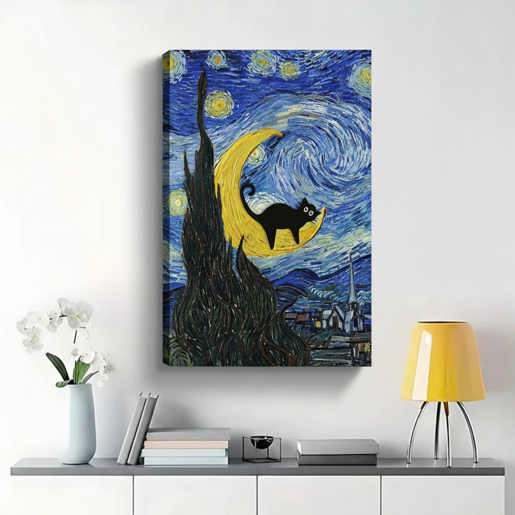 Black Cat on Crescent Moon Van Gogh Starry Night Wall Art - Funny Art Canvas Print|W1411