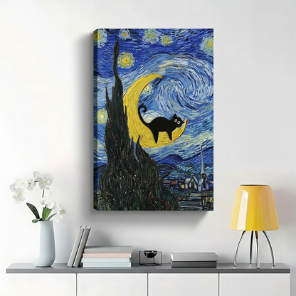 Black Cat on Crescent Moon Van Gogh Starry Night Wall Art - Funny Art Canvas Print|W1411