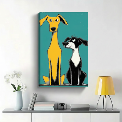 Tall Yellow and Short Black Dog Duo Wall Art - Quirky Cartoon Illustrated Canvas Print|W1432