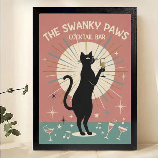 Retro Cat Cocktail Bar Art - Mid-Century Modern Wall Decor|W1004