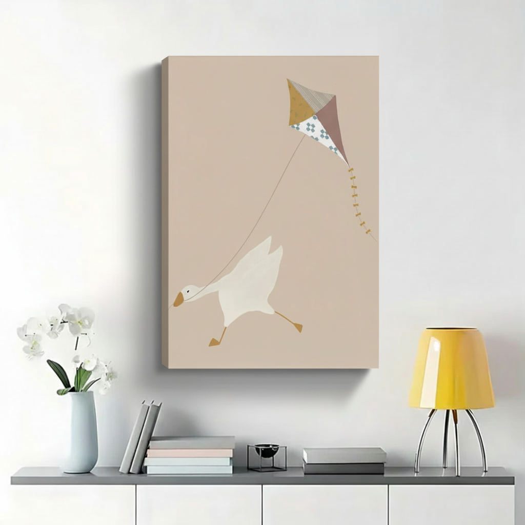 Goose Flying a Kite Wall Art - Whimsical Minimalist Nursery Canvas Print|W1452