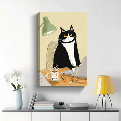 Tuxedo Cat Boss at Desk Wall Art - Funny Office Canvas Print|W1400