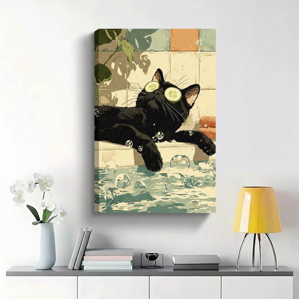Black Cat Spa Day with Cucumber Eyes in Bubble Bath Wall Art - Funny Canvas Print|W1413