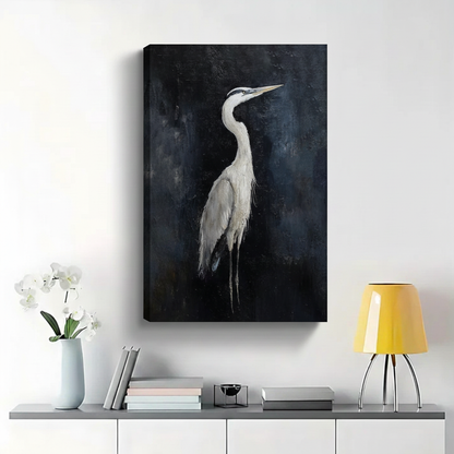 Great Blue Heron Portrait Wall Art - Dark Moody Textured Oil Painting Canvas Print|W1421