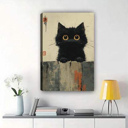 Curious Black Cat Peeking Over Wall Art - Ink Brush Style Canvas Print|W1370
