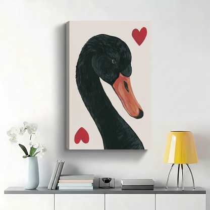 Black Swan with Red Hearts Wall Art - Elegant Romantic Canvas Print|W1431
