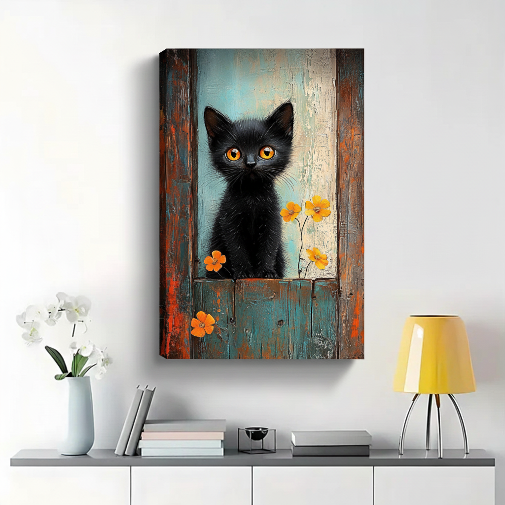 Black Kitten in Rustic Window with Orange Flowers Wall Art - Textured Oil Painting Canvas Print|W1379