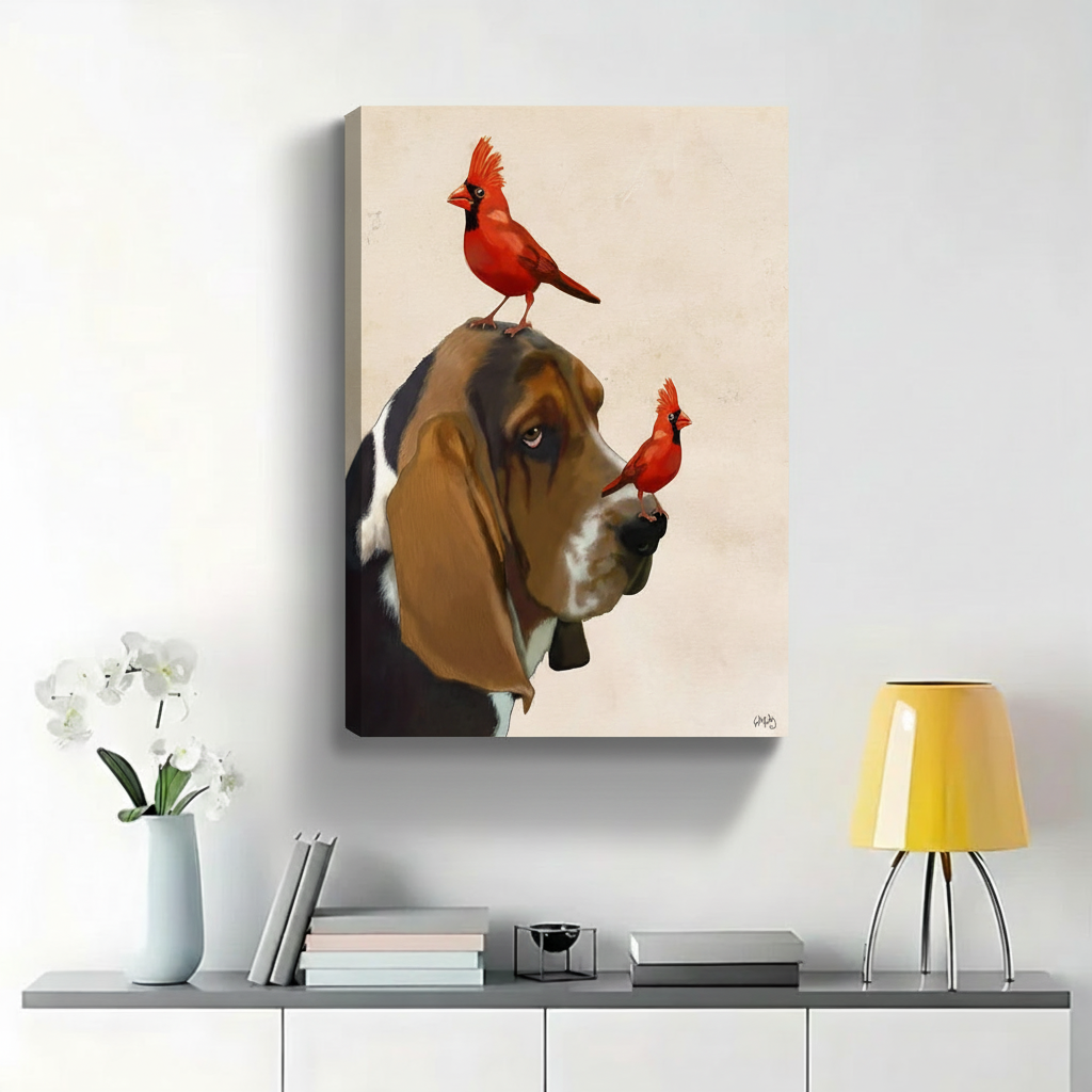 Basset Hound with Two Red Cardinals Wall Art - Funny Realistic Canvas Print|W1443