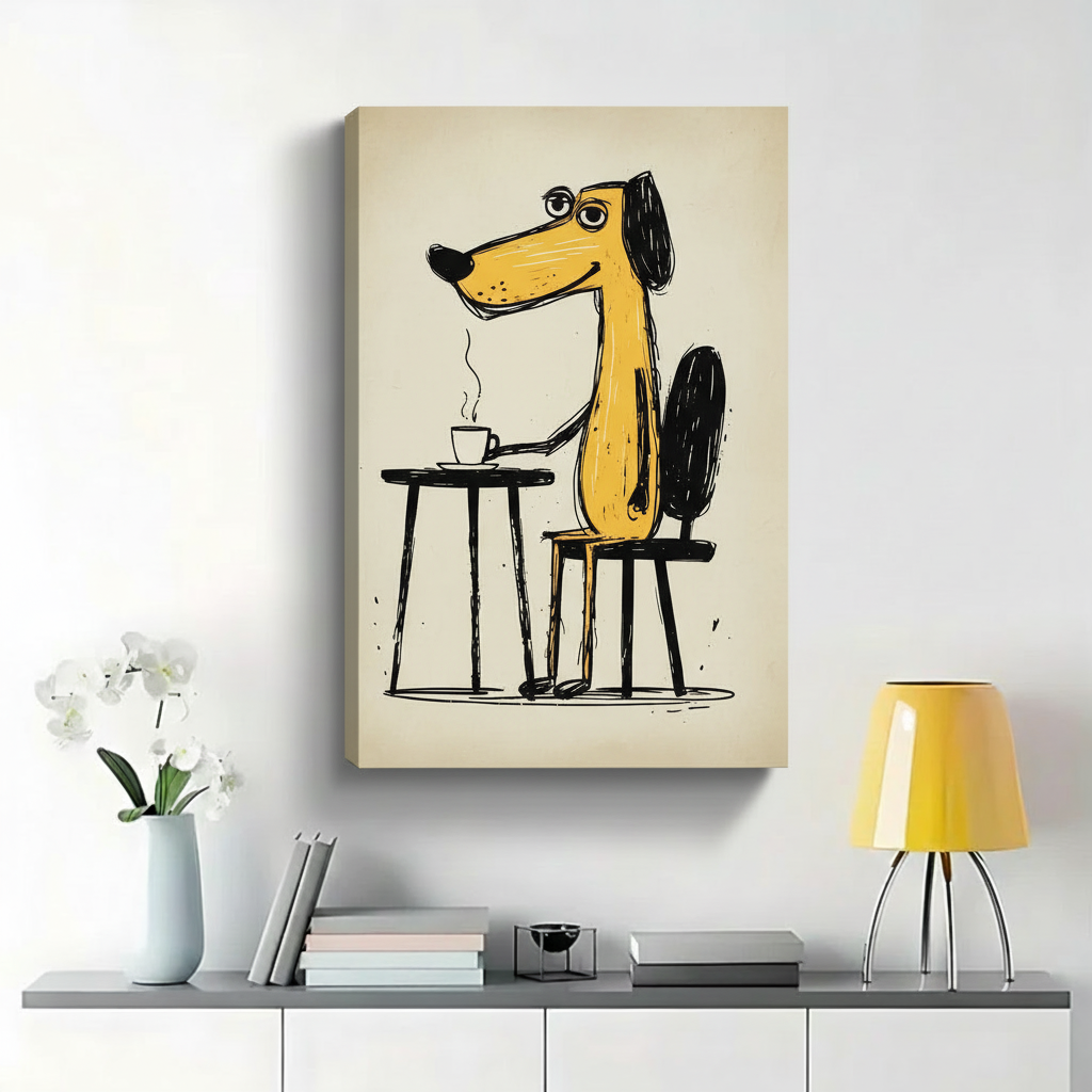 Yellow Dog Drinking Coffee Wall Art - Funny Cartoon Illustrated Canvas Print|W1450