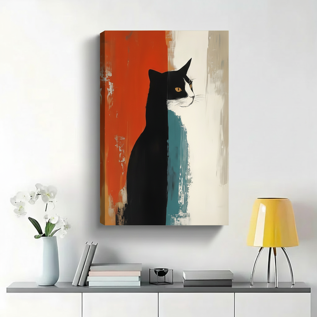 Tuxedo Cat on Abstract Brushstroke Wall Art - Modern Minimalist Canvas Print|W1426