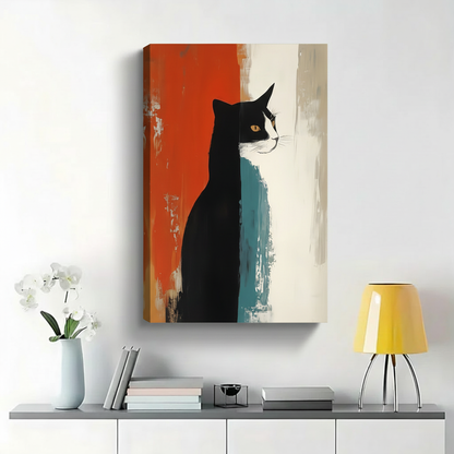Tuxedo Cat on Abstract Brushstroke Wall Art - Modern Minimalist Canvas Print|W1426