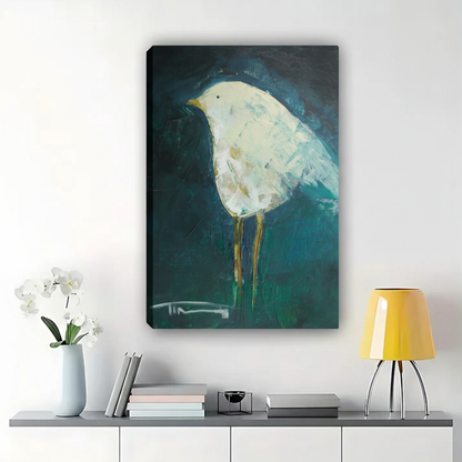 White Bird on Teal Background Wall Art - Abstract Oil Painting Canvas Print|W1361