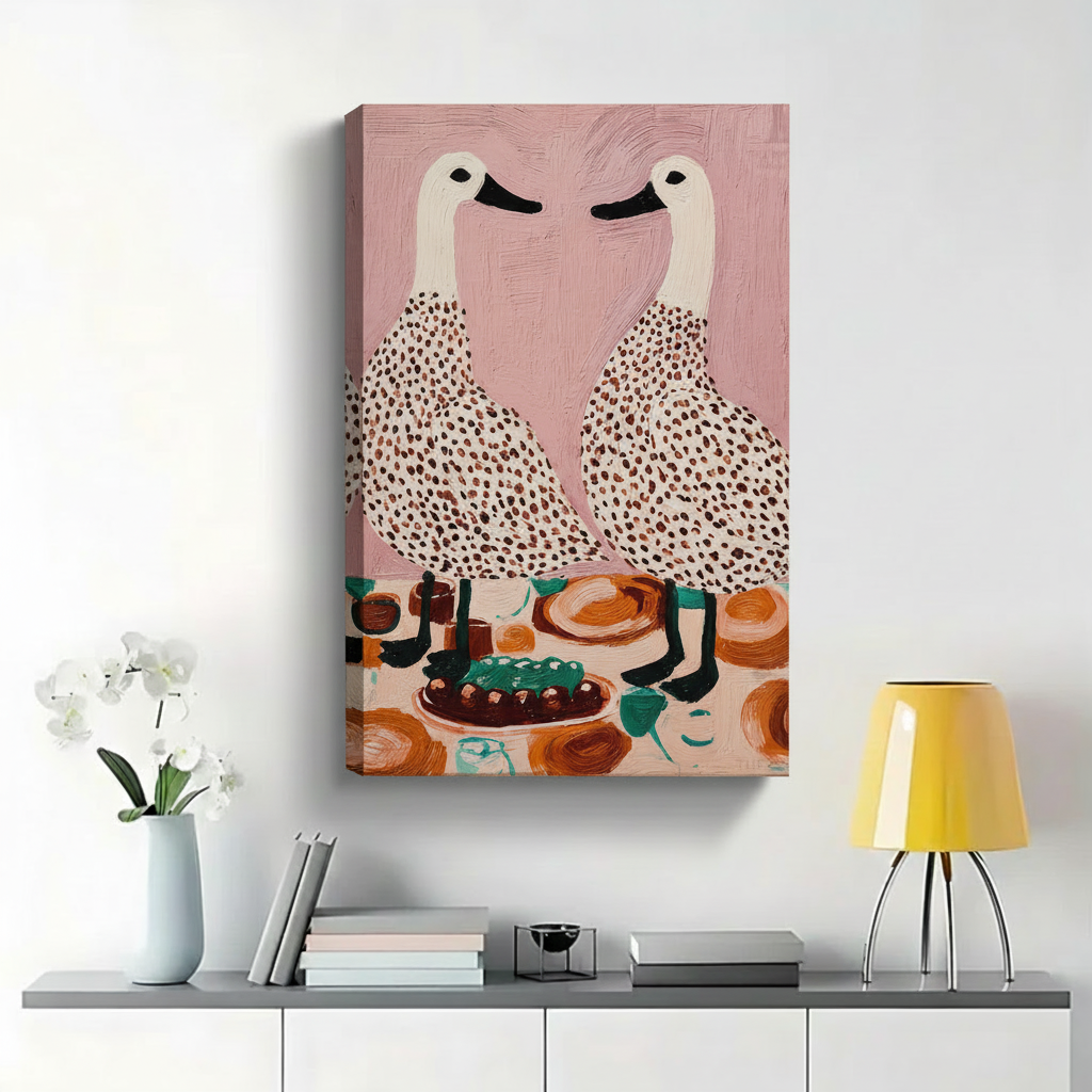 Two Spotted Geese at Dinner Table Wall Art - Whimsical Textured Oil Painting Canvas Print|W1446