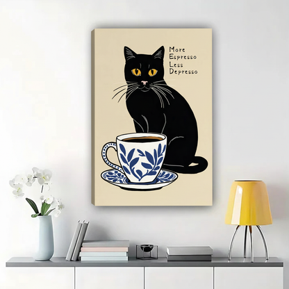 More Espresso Less Depresso Black Cat Wall Art - Funny Coffee Canvas Print|W1372