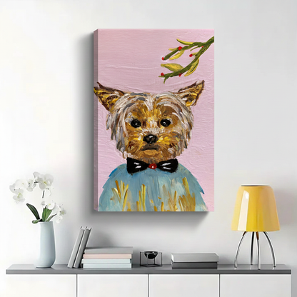 Yorkshire Terrier in Blue Sweater with Mistletoe Wall Art - Textured Oil Painting Canvas Print|W1381