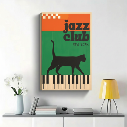 Jazz Club New York Black Cat Piano Wall Art - Retro Vintage Poster Canvas Print|W1428