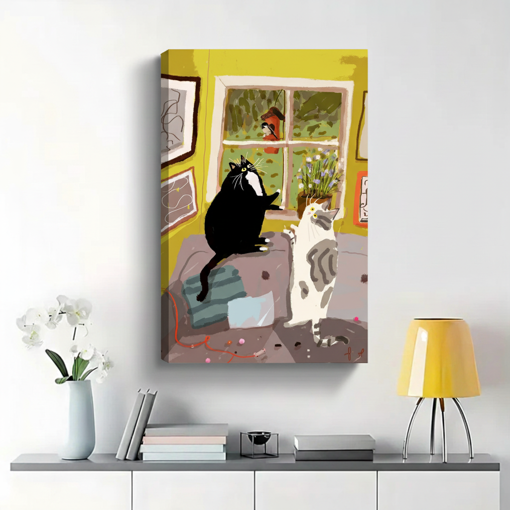 Two Cats Watching Bird by Window Wall Art - Cozy Illustrated Canvas Print|W1412