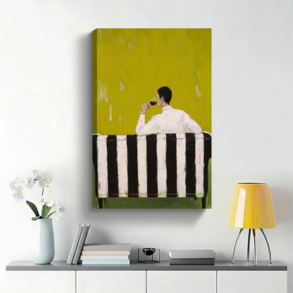 Man Drinking Red Wine on Striped Sofa Wall Art - Moody Textured Oil Painting Canvas Print|W1427