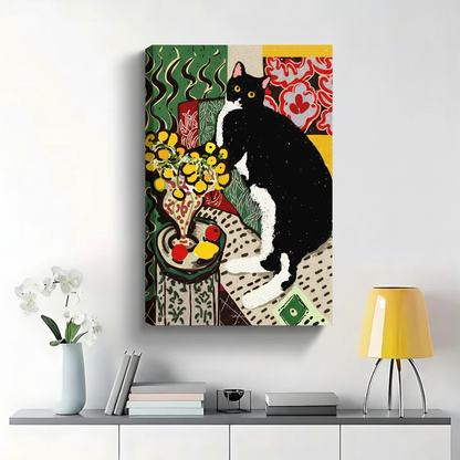 Tuxedo Cat with Flowers in Matisse Style Wall Art - Fauvist Canvas Print|W1418