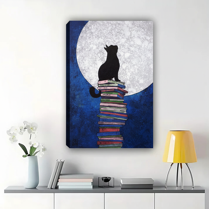 Black Cat on Stack of Books Under Full Moon Wall Art - Canvas Print|W1358