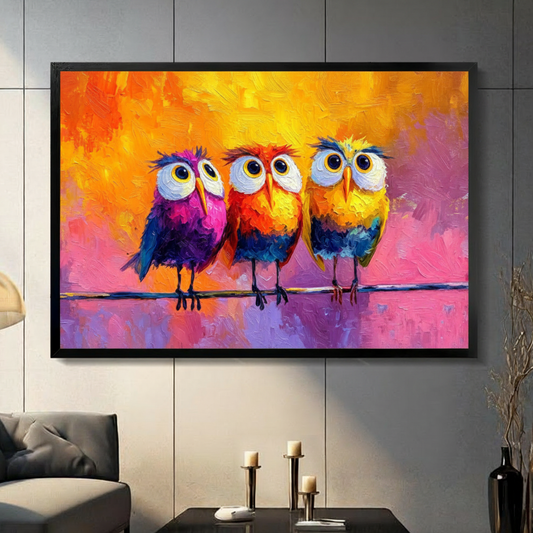 Colorful owl trio abstract canvas art showing three wide-eyed purple orange and yellow owls perched together on a branch against a vibrant painterly background