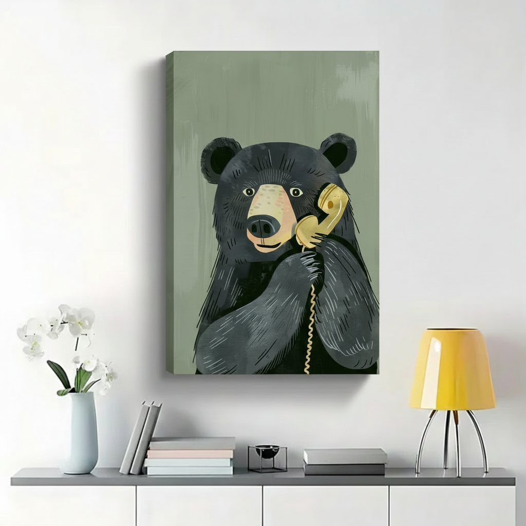 Black Bear Talking on Vintage Phone Wall Art - Funny Animal Canvas Print|W1442